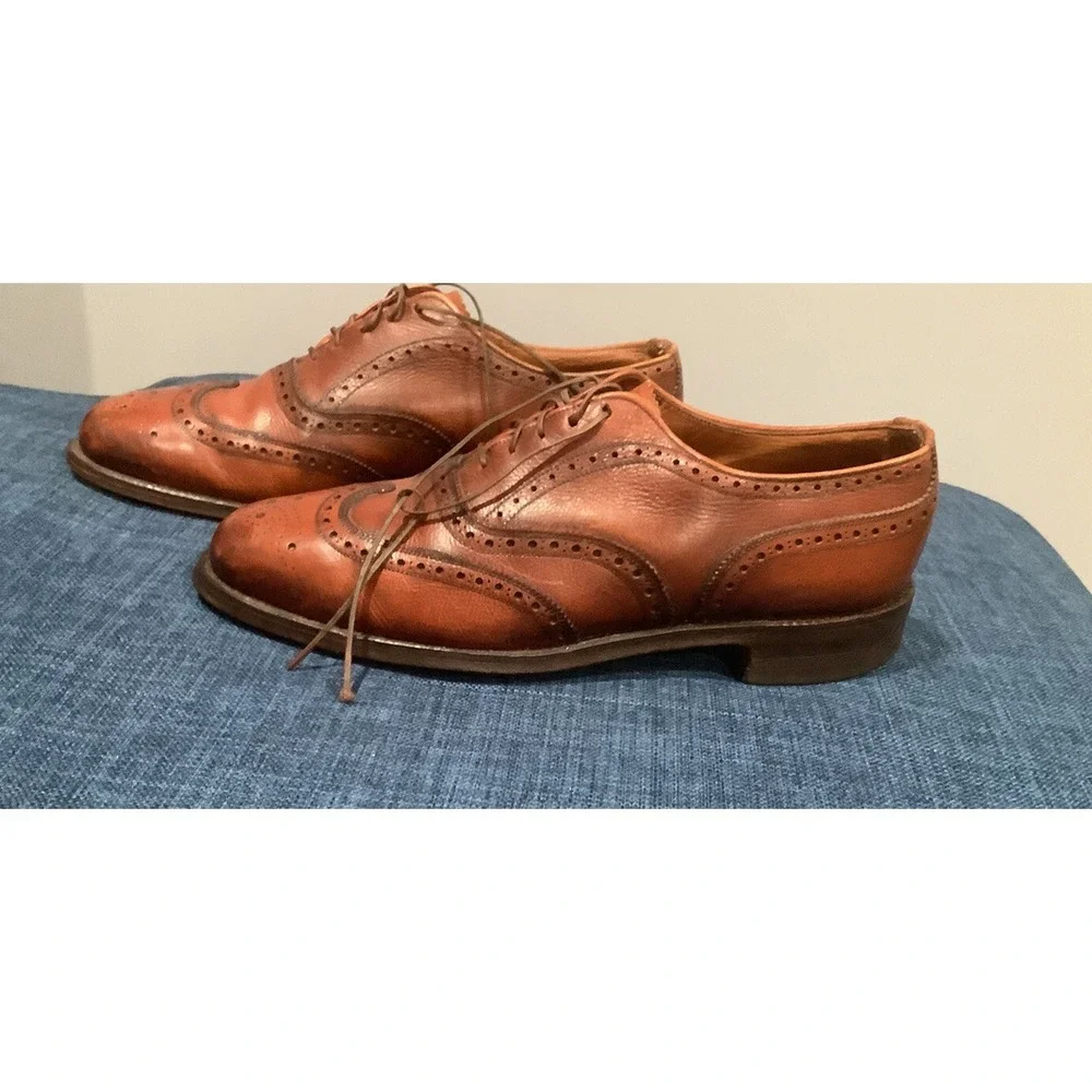 BARRIE LTD HANDCRAFTED ENGLAND MADE BRITISH TAN TOOLED CAP TOE OXFORD SHOES 9